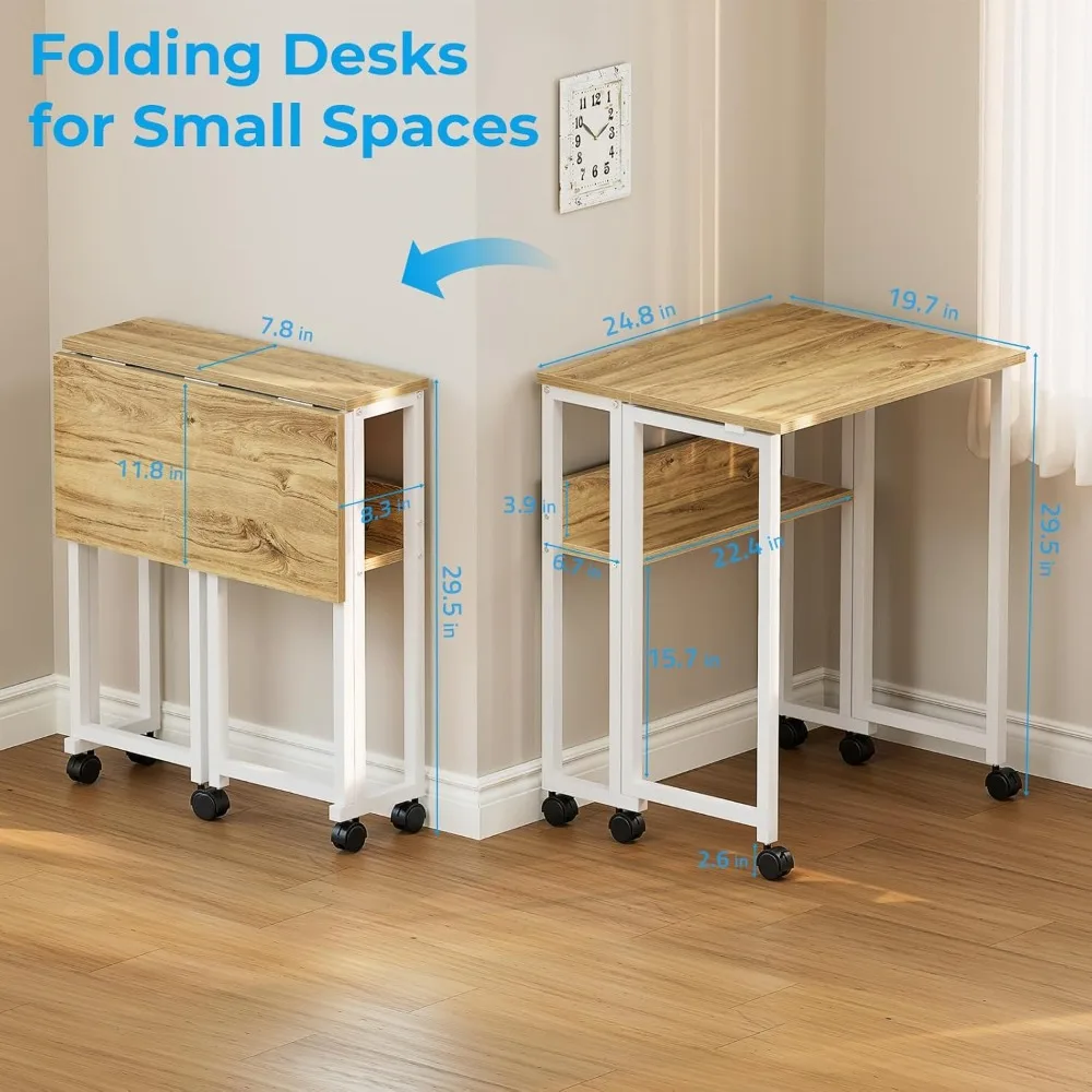 Compact Rolling Desk with Storage Shelf, 24.8 Foldable Computer Desk on Wheels for Small Spaces, Easy Assembly and Mobility