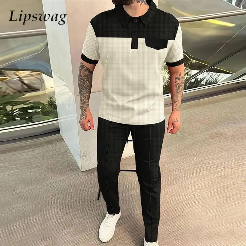 Leisure Waffle Short Sleeve Polo Shirts And Pants Suits Men Vintage Patchwork Contrast Color Two Piece Sets Mens Summer Outfits