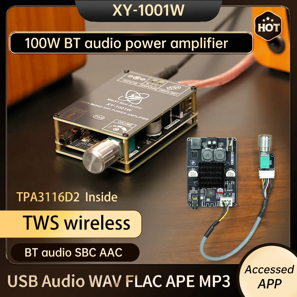 

XY-1001W Single Channel 100W High Power Bluetooth Audio Amplifier Board Module TPA3116 DC 9-24V Amplifier Module Support TWS