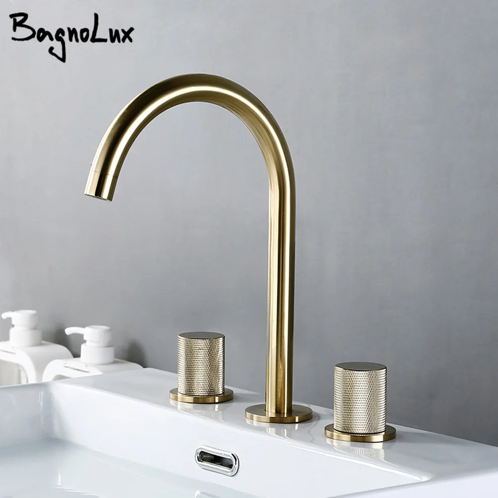 

Brushed Gold Basin Faucet Hot And Cold Tap Bathroom Knurling Design Double Handle Desk Mounted Sink Mixer 360° Rotation Spout
