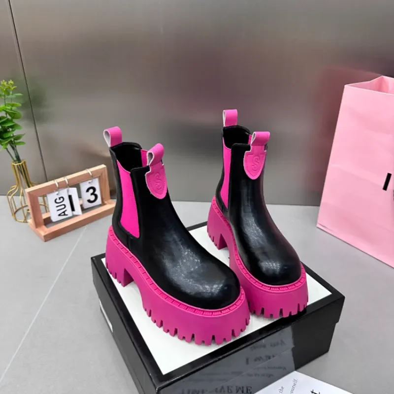 Autumn Luxury Design Punk Gothic Street Women\'s Shoes Black Pink Thick Sole Chunky Heel Slim Chelsea Ankle Boots Fashion Boots