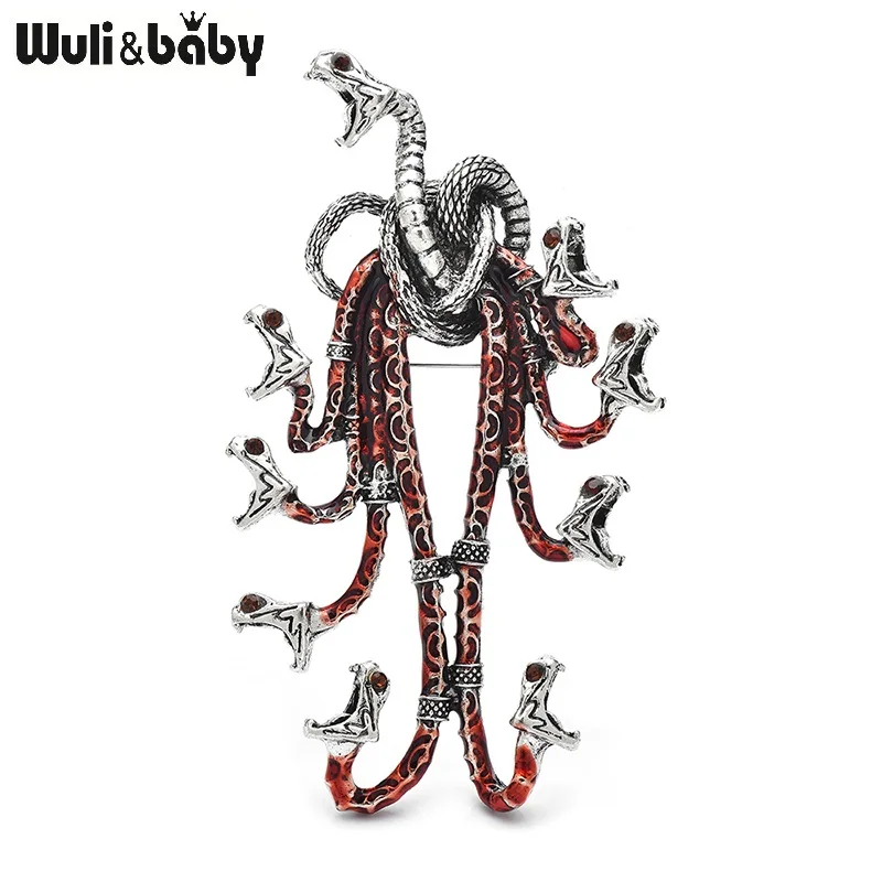 Wuli&baby Ocean Snake King 9 Head Dragon Big Metal Badge Enamel Animal Brooch Pin Jewelry Gift