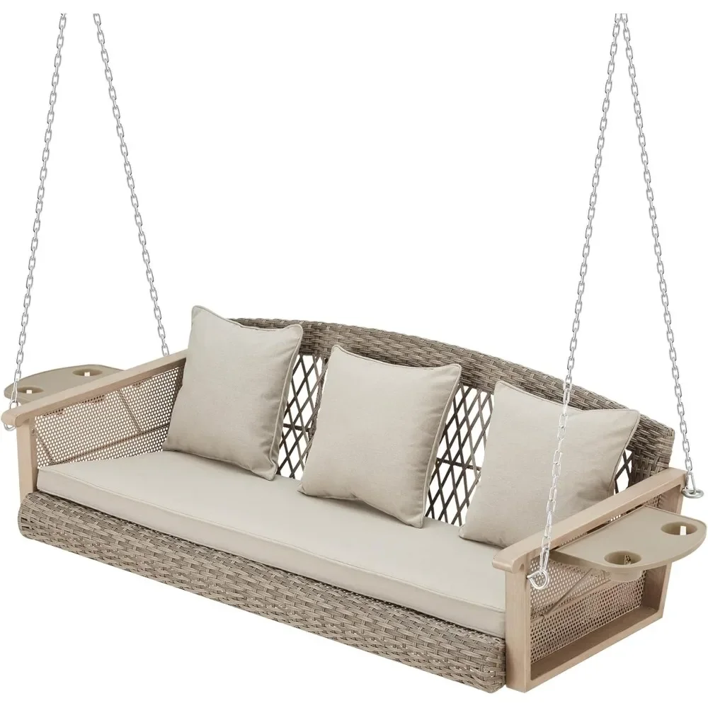

3-Person Wicker Porch Swing with Upgraded Cup Holder,55 Inch Patio Hanging Swing Bench Chair