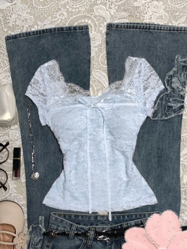 Chemisier d'été Vintage en dentelle abricot pour femmes, élégant, avec nœud doux, Slim Fit, rétro Chic Y2K, mode décontractée, doux, t-shirts, nouveau