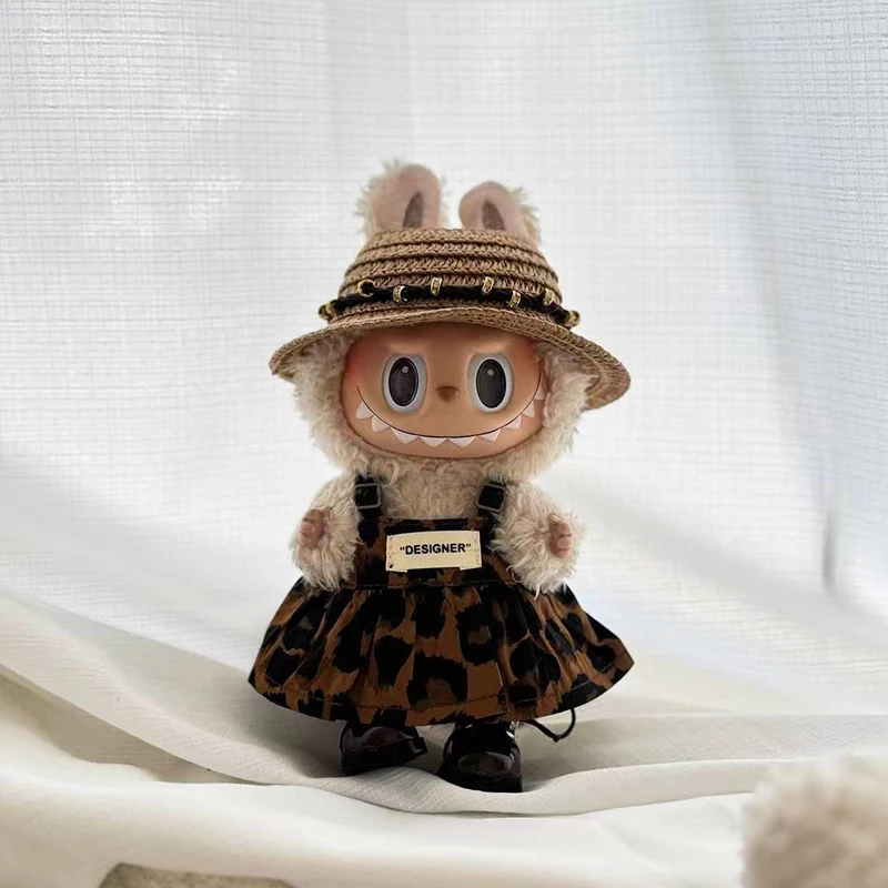 ملابس الدمية الصغيرة إكسسوارات الزي لـ 15-17 سنتيمتر Ropa Labubu و10 سنتيمتر دمية القطن ليوبارد طباعة تنورة قبعة حذاء الملابس