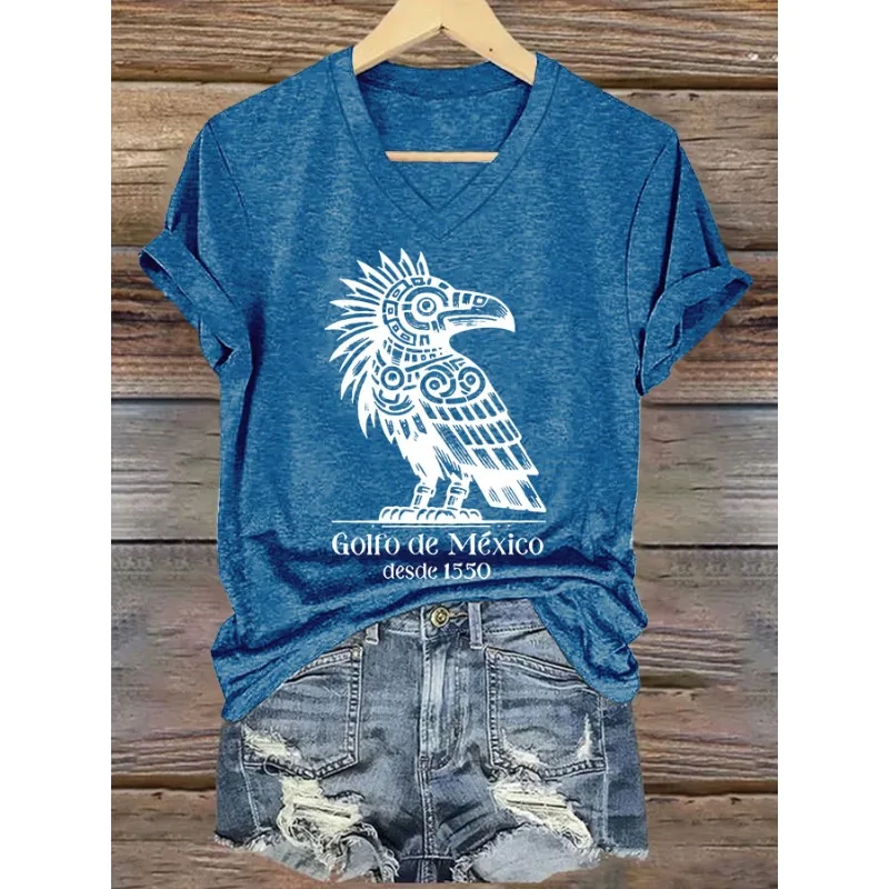 Women's Short Sleeve Gulf of Mexico Eagle Print T-Shirts Ladies Summer Casual V Neck Tops Beach Hot Tees
