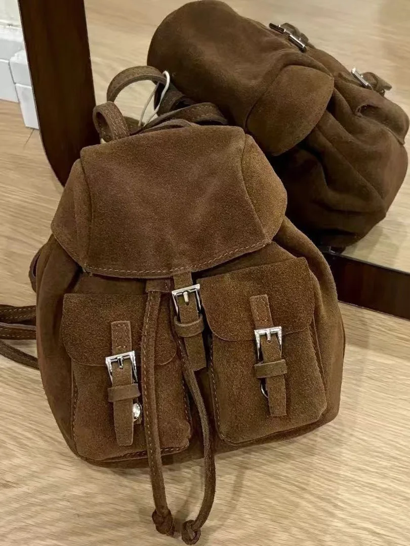 High-End Vintage Leather Backpack Women's Top Layer Cowhide Bag with Drawstring Soft Shoulder Straps Casual Square Shape