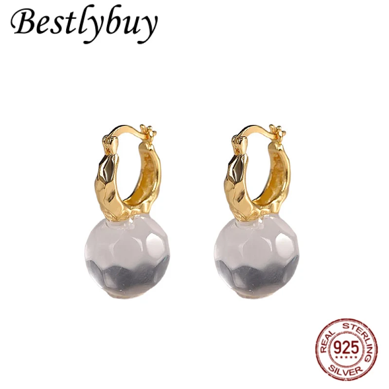 

S925 Silver Gold-plated Natural Cut White Crystal Round Bead Pendant Hoop Earring For Women Fashionable Gift For Girlfriends