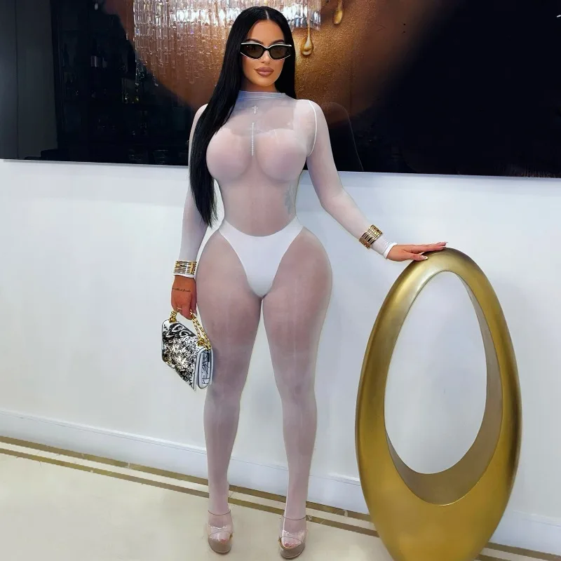 

2025 Autumn Sexy Mesh Sheer Seamless Shiny Full-Body Garter Women O Neck Full Sleeve High Elasticity Skinny Jumpsuit Clubwear