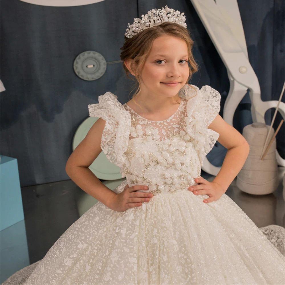 

White Flower Girls Dresses Sleeveless Lace Applique Tulle Fluffy Floor Length Girls First Holy Communion Princess Dresses2024