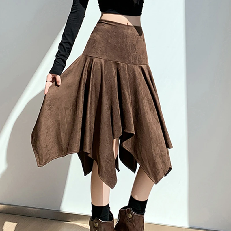 Vintage Irregular Midi Skirt Women Autumn Casual Loose High Waist Skirts Retro Mori Girl Style Fall Bonded Faux Suede Skirts New