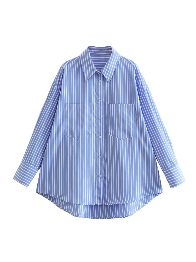 Woman Casual Loose Blue White Striped Shirts 2023 Spring Female Oversized Long Sleeve Shirts Ladies Chic Oversized Shirts