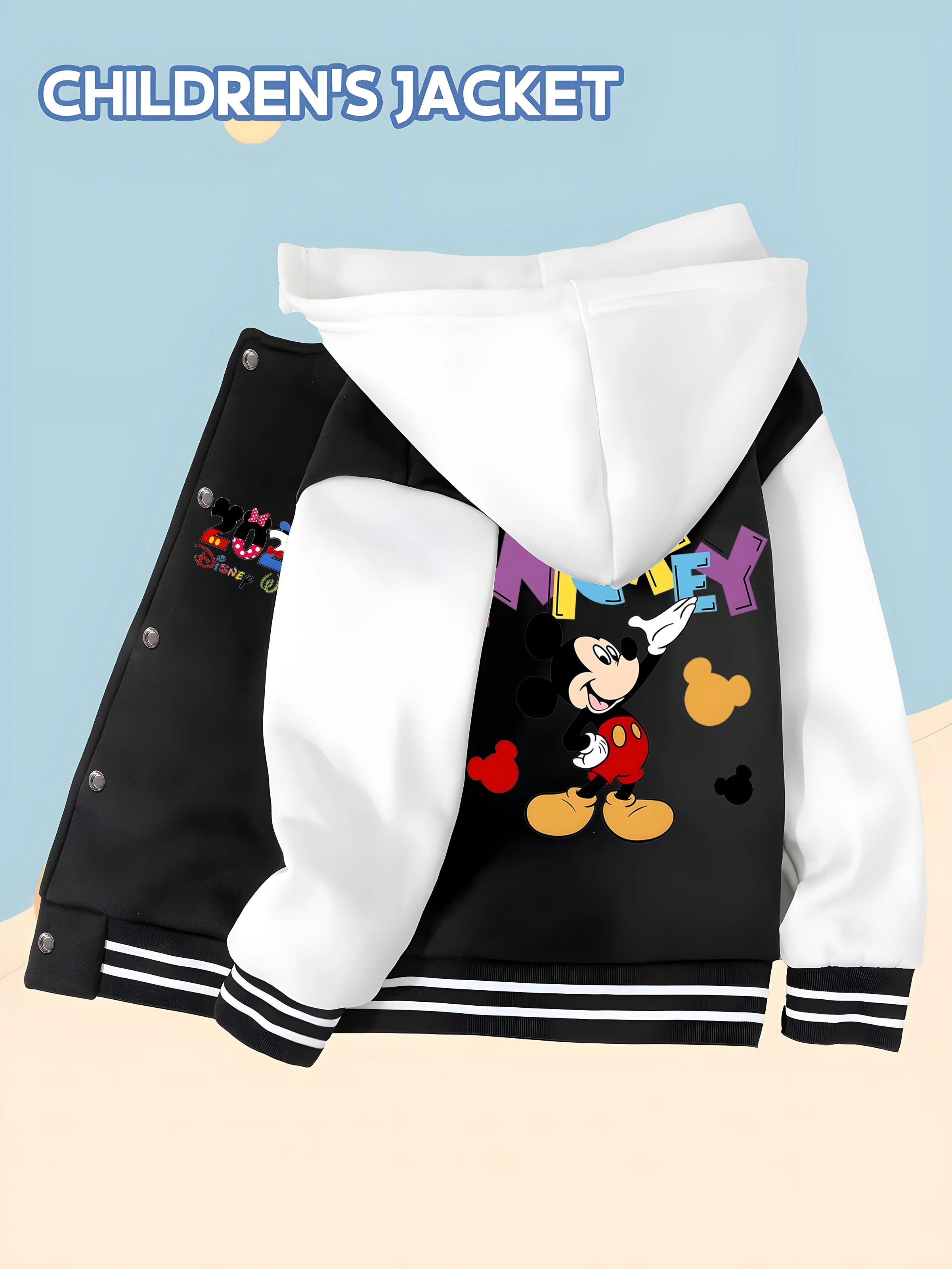 

MINISO Disney Boys' Baseball Jacket - Mickey 2025 Colorful Lettering Print, Reversible Design, Soft Fabric, Perfect for Playtime