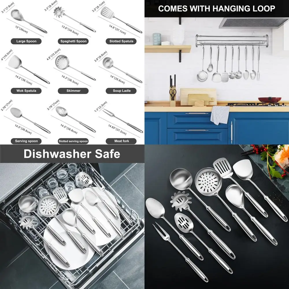 

9-Piece Stainless Steel Kitchen Utensil Set: Serving, Spaghetti, Skimmer, Meat Fork, Dishwasher Safe