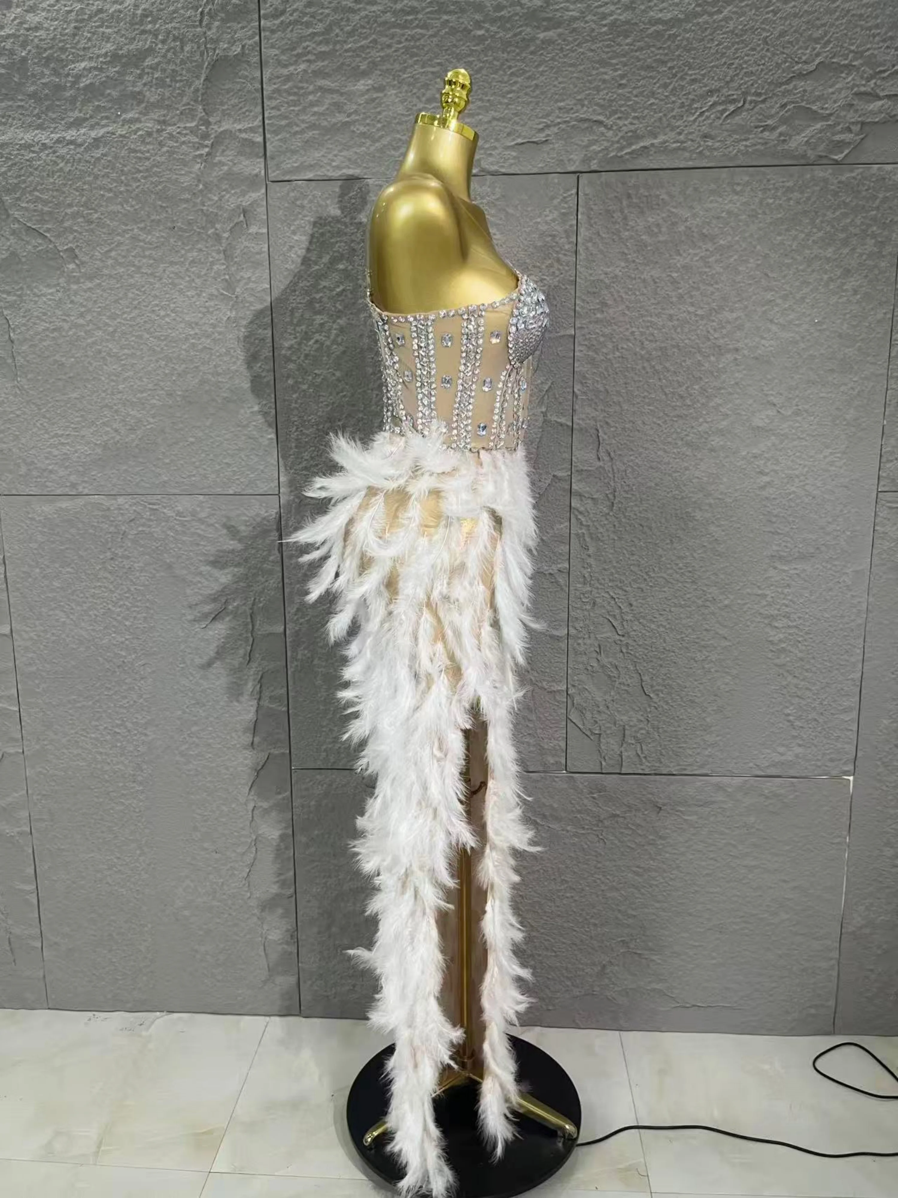 Robe longue en maille, plumes de strass scintillants sophistiquées, Sexy, soirée, spectacle d'anniversaire, séance photo, Costume de tapis rouge