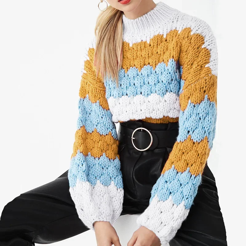 

Fashion Europe and America Casual Color Matching Sweaters Round Neck Puff Sleeve Knitted Pullover Long Sleeve Sweater Female