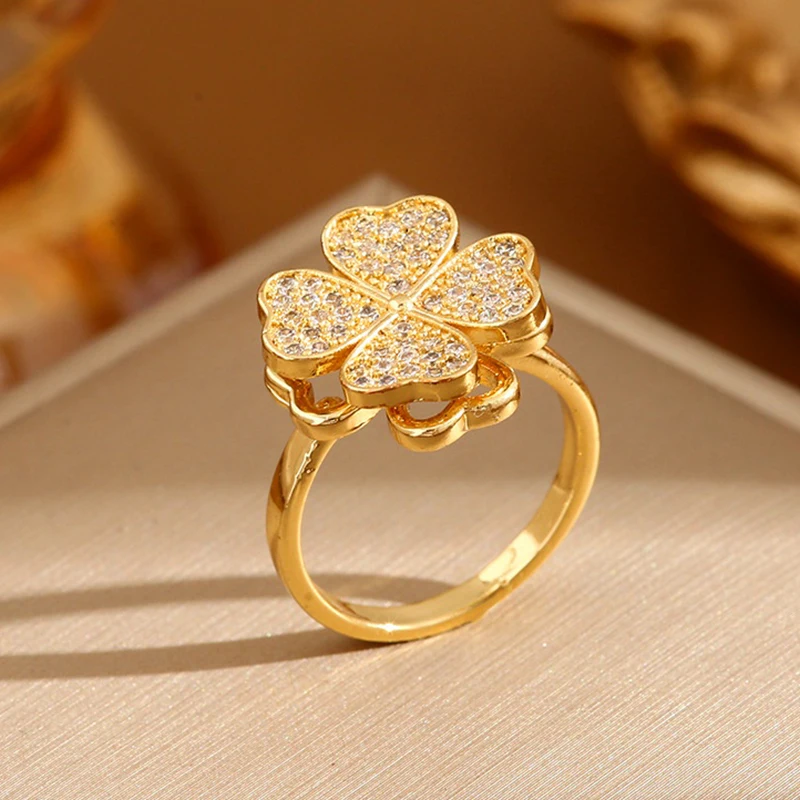 Four-leaf Clover Full Cubic Zirconia Rotatable Opening Adjustable Rings Women Gold Silver Color Copper Metal Ring Party Jewelry