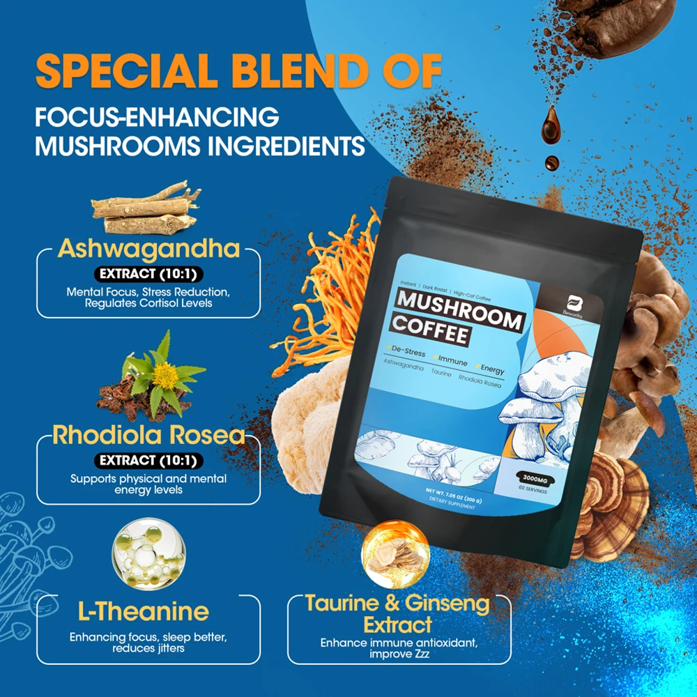 BEWORTHS مكمل للطاقة العالية مستخلص أشواغاندا ومزيج القهوة والفطر يدعم المناعة والنوم وصحة القلب وتخفيف التوتر #3