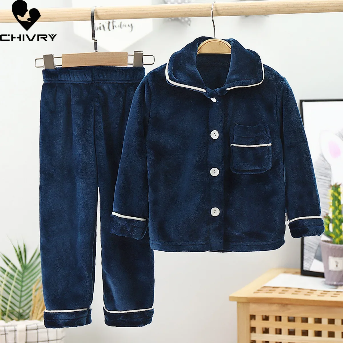 

Kids Flannel Pajama Sets Boys Girls Autumn Winter Thicken Warm Solid Home Wear Children Lapel Long Sleeve Sleeping Clothing Sets