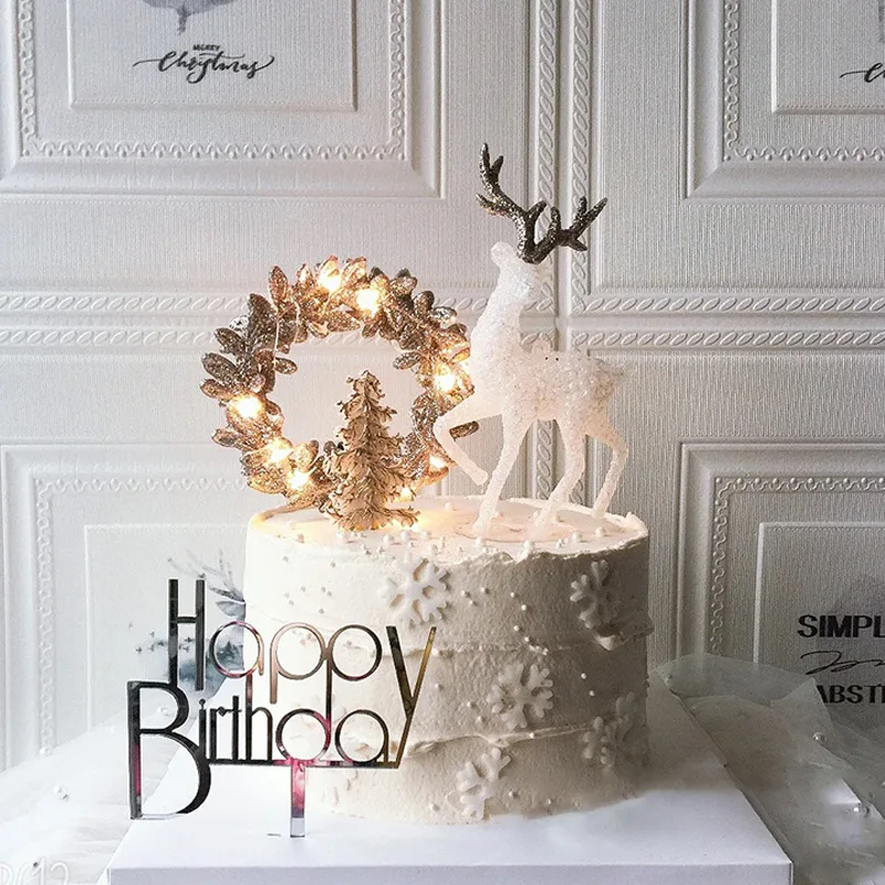 Christmas Deer Cake Topper White Reindeer Standing Deer Dolls Plastic Cake Xmas New Year Cake Decoration Tools Party Supplies