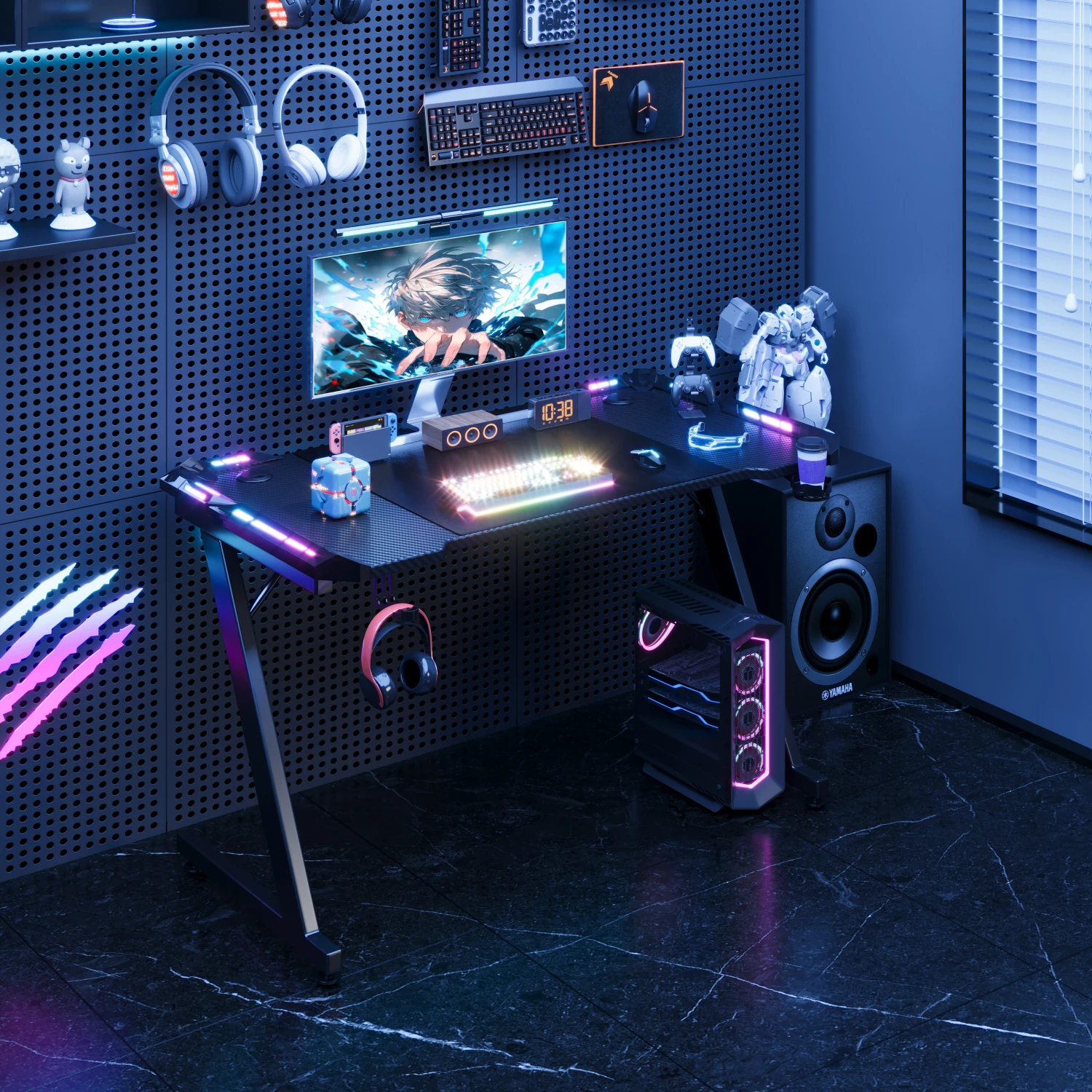 Z-Frame Devoko Gaming Desk 120x60cm LED RGB Lighting Ergonomic Computer Gaming with Cup & Headset Rack