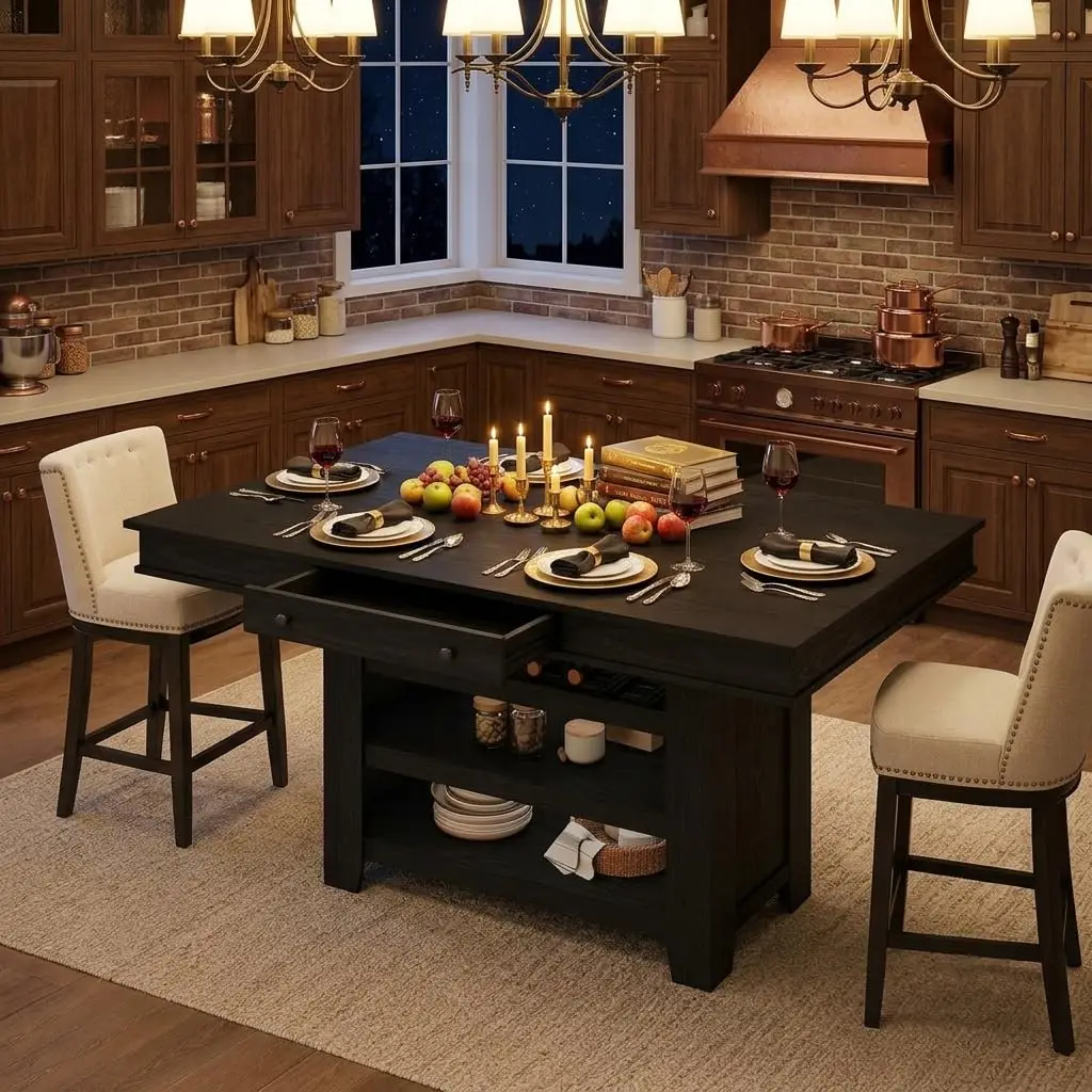 Wood Dining Table Counter Height Kitchen Table with Storage, Customized