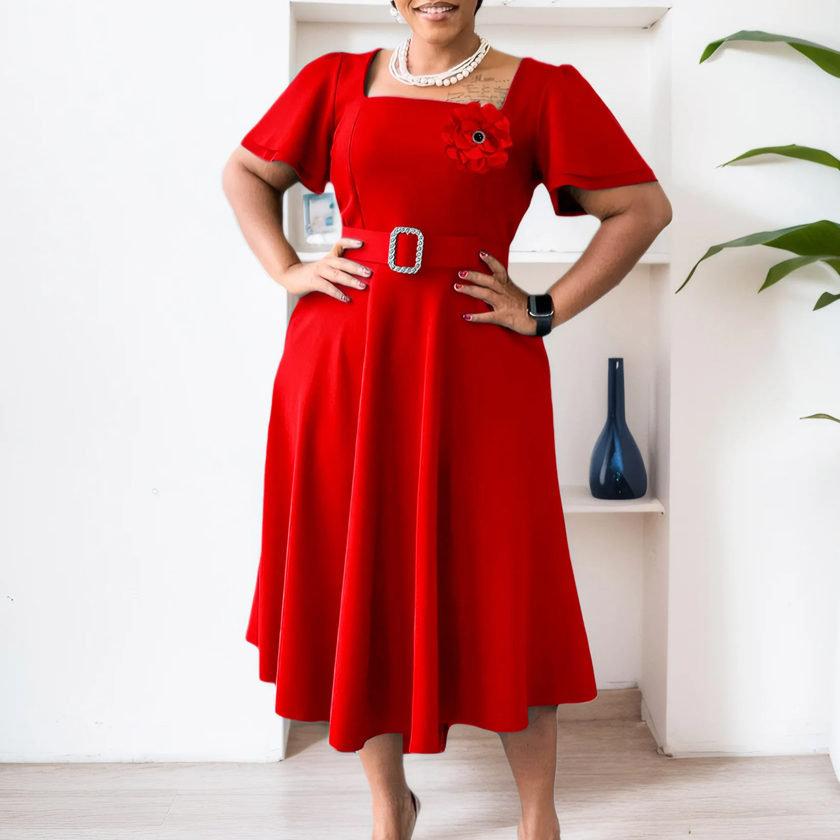 

D568 Women's 2025 Summer Women's New Fashion Square Neck Solid Color High Waist Big Swing Dress Dress Robe Vestido Women Party