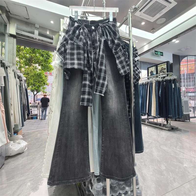 

Design sense two-piece micro flared jeans plaid fart curtain women's 2025 autumn new high waist elastic floor length pants