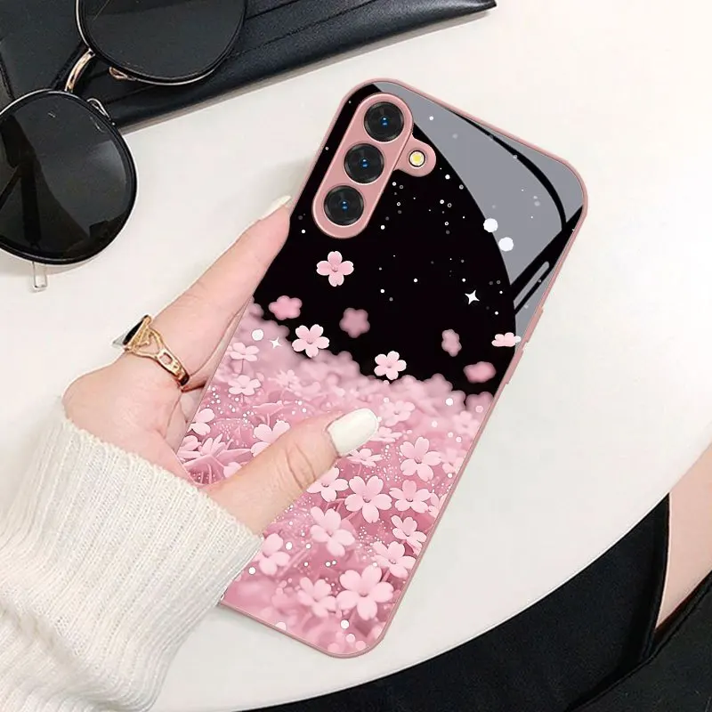 Pink cherry blossom patterned glass phone case suitable for Samsung Galaxy S26 S25 S24 S23 S22 S20 FE/Ultra/Plus hard case
