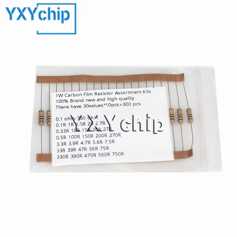 

300PCS/Lot 1W Carbon Film Resistor kit 0.1R~750R 30 Values Resistance Set DIY electronic components 5% Color Ring Resistance