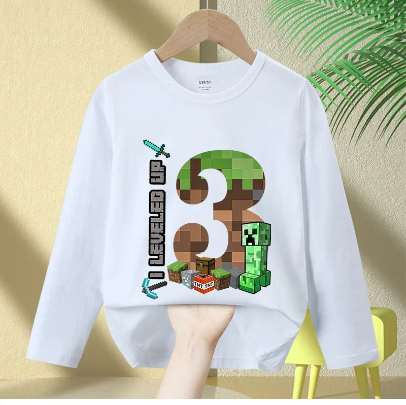 Pixel Miner Number T-Shirt for Children Spring Autumn Thin Birthday Clothes Casual Hot Games boy Long Sleeve Top Cute Gifts