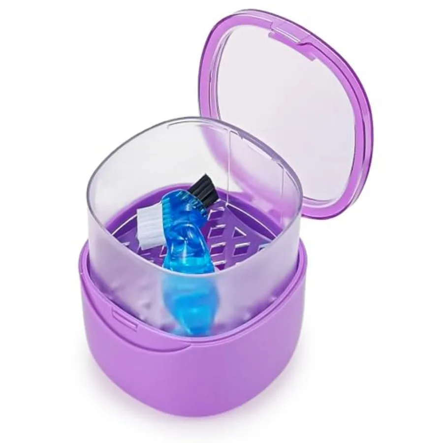 Purple Denture Cup Denture Bath Box Case with Lid Leakproof, Denture Holder Case Retainer Cleaning Container Mouth Guard Cleane