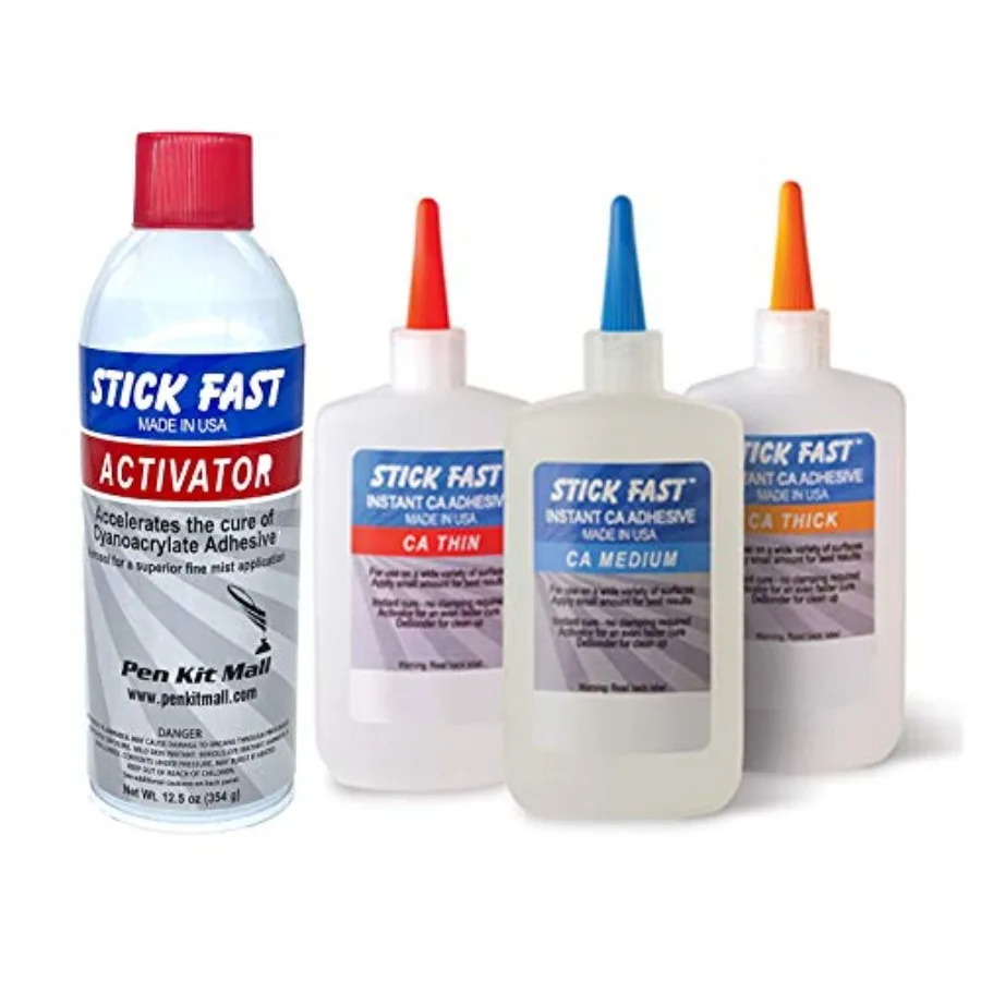

Large Stick Fast Starter Kit 12.5 oz Activator 4.5 oz Thin CA 4.5 oz Medium CA 4.5 oz Thick CA