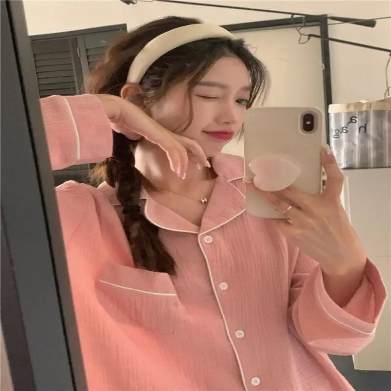

Sweet Style New Sleepwear Women Spring and Autumn Cardigan Long Sleeved Loose and Simple Korean Style Sweet Thin Home Suit Set