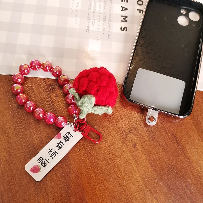 Mobile Phone Lange Wrist Bead Pendant Hand-beaded Wool Persimmon Strawberry Pendant Laser Bright Red Round Bead Pendant Short