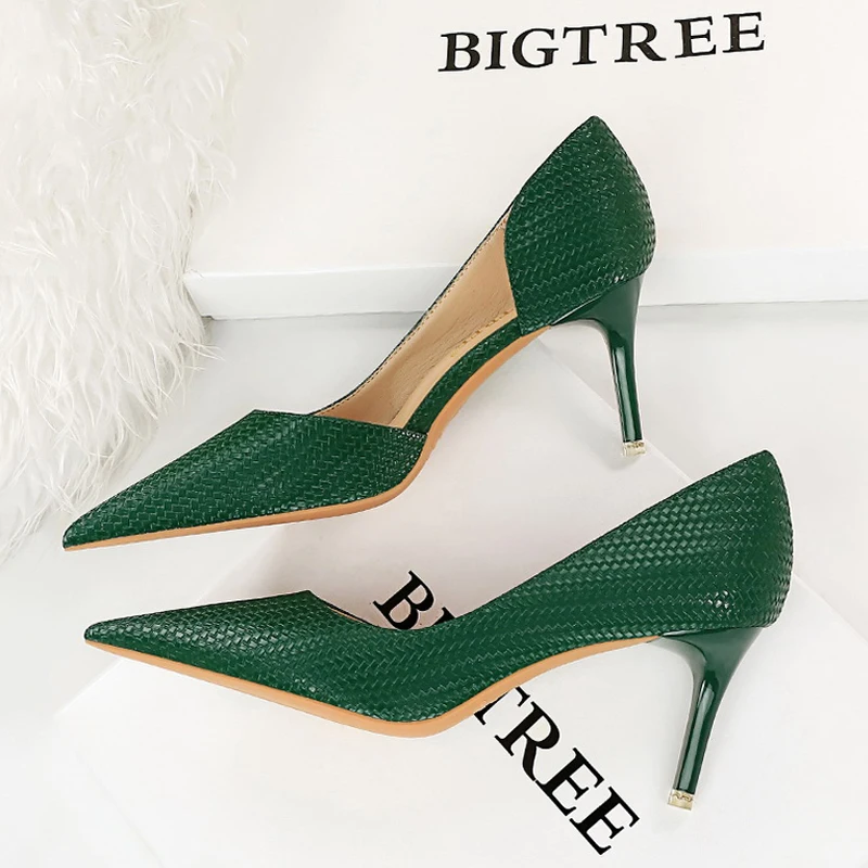 BIGTREE Shoes Weave Design Kitten Heels Women Shoes Fashion Woman Pumps Pointed Stiletto Heels Large Size 34-43 Lady High Heels