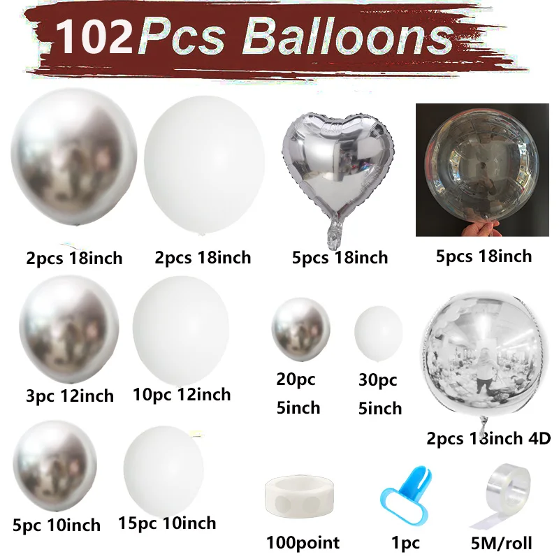 102pcs Silver White Balloons Garland Arch Kit Party Decoration Balloon For Wedding Baby Show New Year Birthday Party Supplies