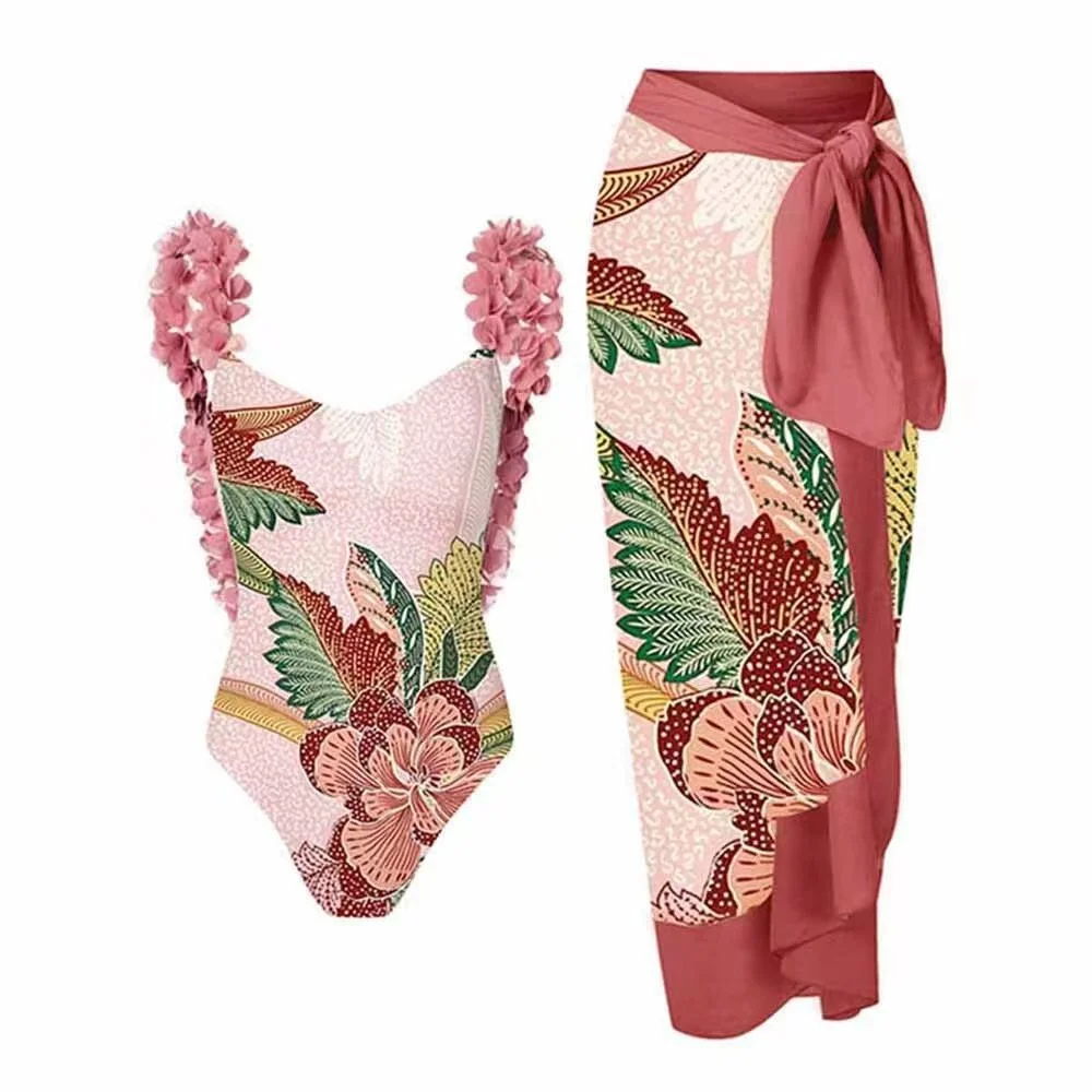 Traje de baño de una pieza con falda envolvente para mujer, conjunto de Bikini con estampado Floral y cuello Halter, traje de baño de dos piezas