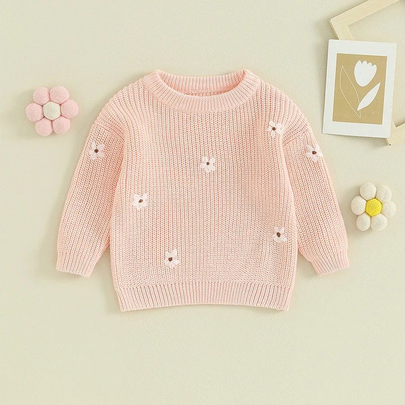 Toddler Baby Girl Boy Knit Sweater Cute Flower Embroidery Crewneck Pullover Long Sleeve Knit Infant Sweaters