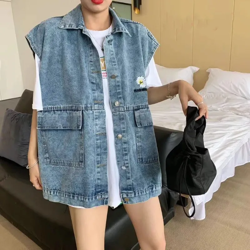 Casual Denim Vest Women's Spring Loose Beads Cartoon Versatile Tooling Sleeveless Waistcoat Large Pocket Single-breasted Jacket