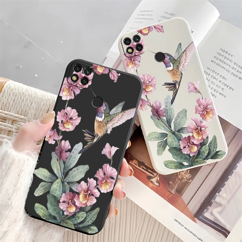 Bird Flower Pattern Case For Xiaomi Redmi 10 9i 9T 9 Power 10X 10A 13C 4G 12 9C 9A 9 8 12C 10C Liquid Soft Silicone Back Cover