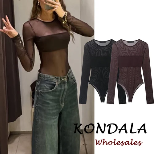 Imagen 1 del producto KONDALA Elegante Mono Sexy Marrón Estilo Urbano para Fiesta Nocturna, Moda 2026, Mono de Club de Manga Larga, Top Transparente sin Tirantes para Mujer