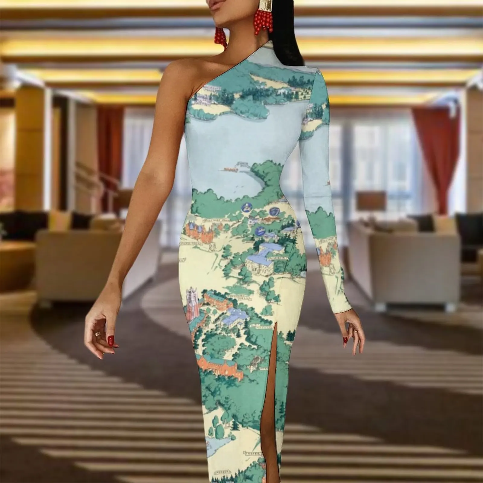 Vintage Map Bodycon Dress Autumn WELLESLEY College Print Club High Slit Long Dresses Long Sleeve Custom Party Dress