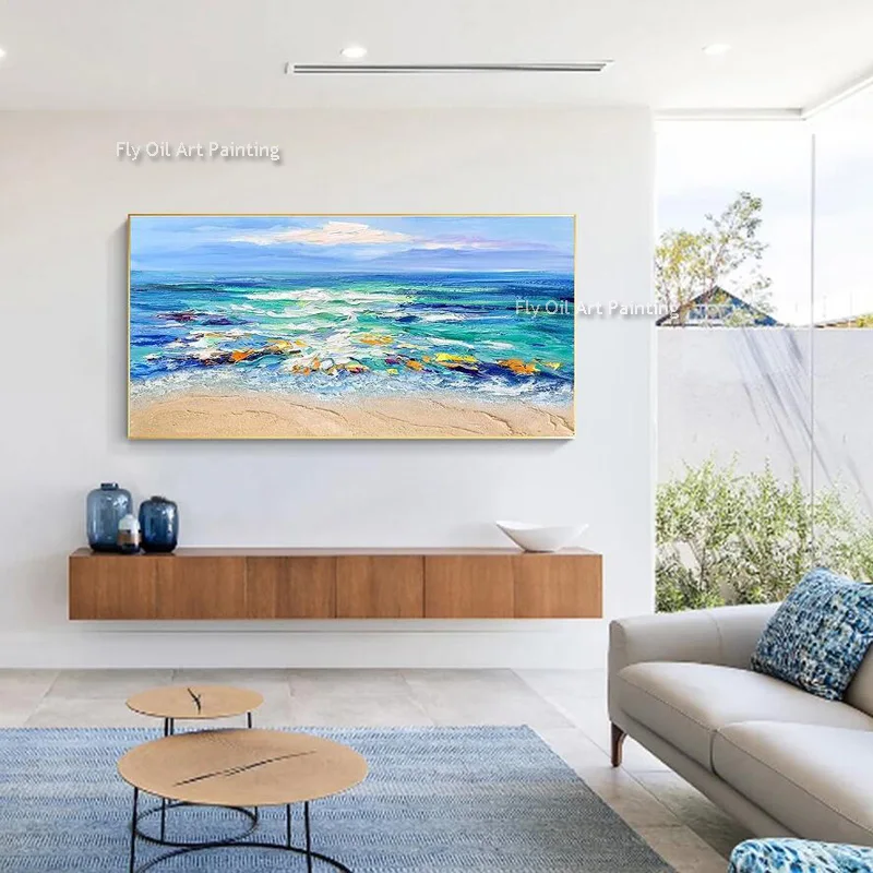Large Blue Beige Ocean Side Landscape Oil Painting Navy Blue People Surfing Wall Art Decor For Home Handmade Sea Sunset Artwork