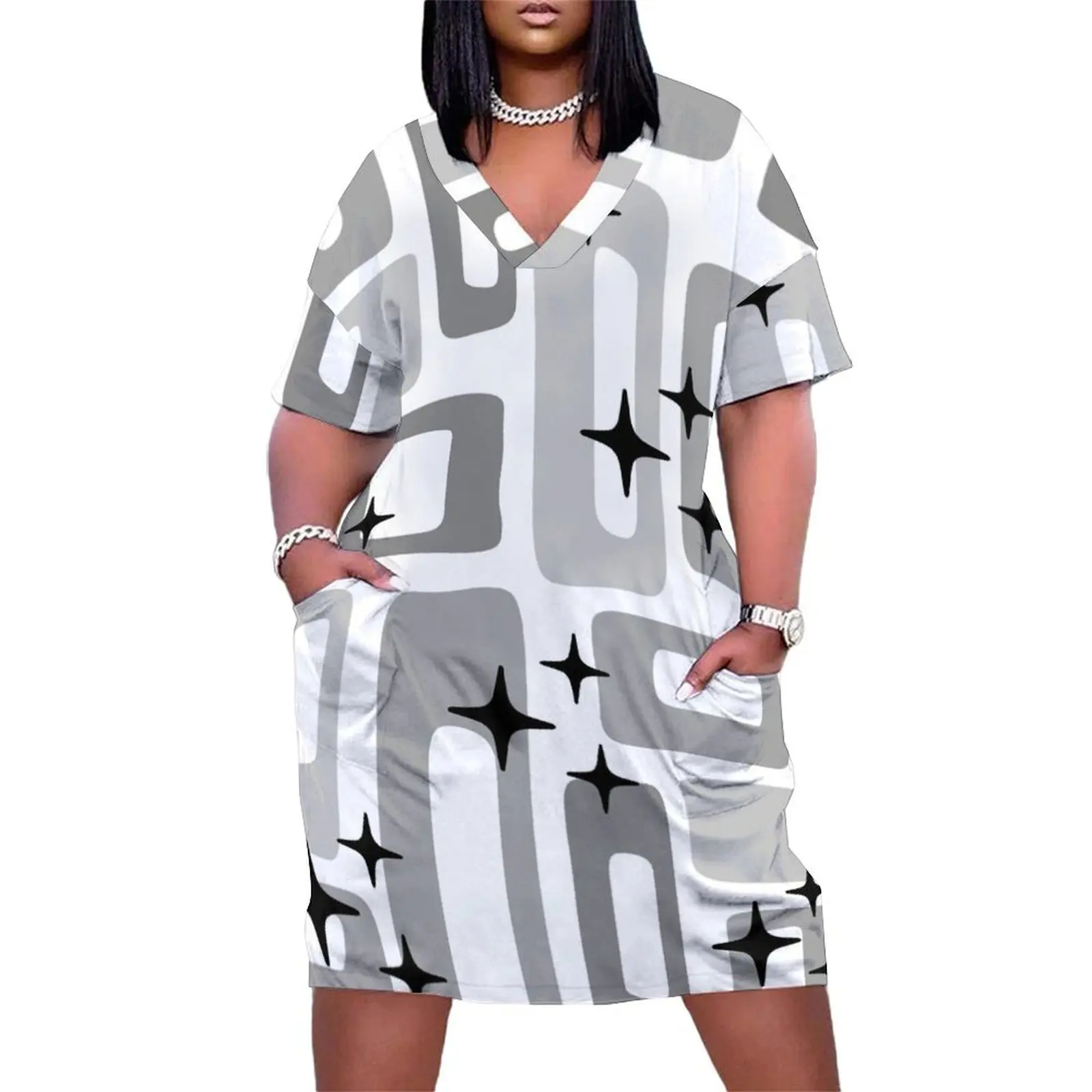 

Retro Mid Century Modern Abstract Pattern 159 Loose Pocket Dress Long dresses Women's dresses