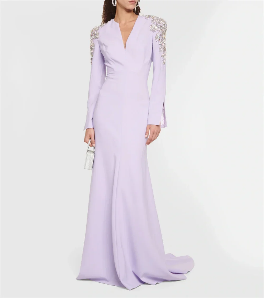 Elegant Lilac Women Evening Dresses V-Neck Beads Crystals Aplique Long Sleeves Formal Occasion Dress Wedding party Mermaid Gown