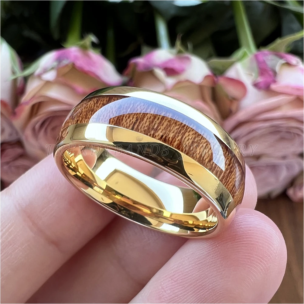 Ringe für Damen und Herren, Wolframkarbid, Ehering, Verlobung, Modeschmuck, Holzeinlage, gewölbt, poliert, glänzend, bequeme Passform – Detail 2