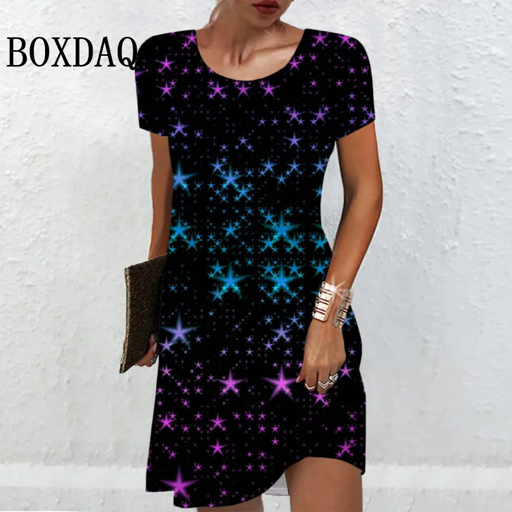 

Female Elegant Dresses Casual Street Wear Short Sleeve Women's Dress Fashion Gradient Stars 3D Print Round Neck Summer New Dress