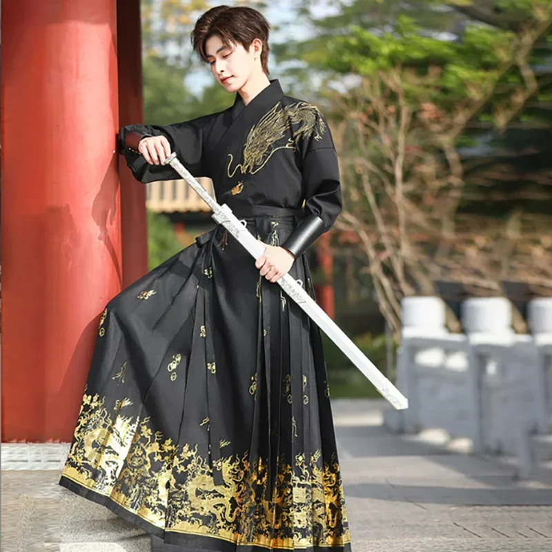 Duży rozmiar 4XL Chińska spódnica z twarzą konia Hanfu Mężczyźni Strój imprezowy Vintage Hanfu Czarna koszula Plisowana spódnica dla kobiet Plus rozmiar 3XL