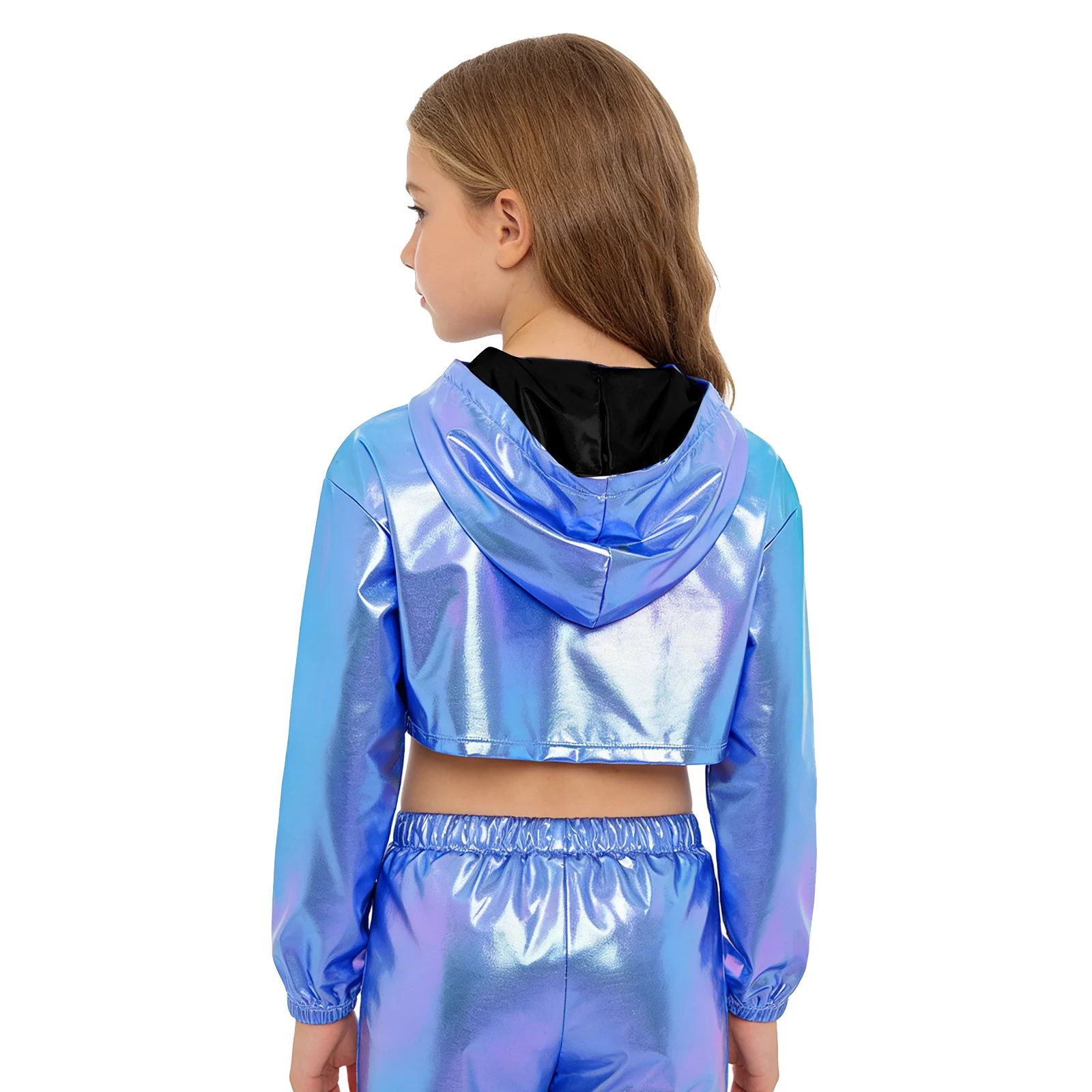 Kids Girls Shiny Hip-Hop Jazz Dance Performance Costume Holographic Hem Metallic Hoodie Long Sleeve Cropped Hooded Jacket Top